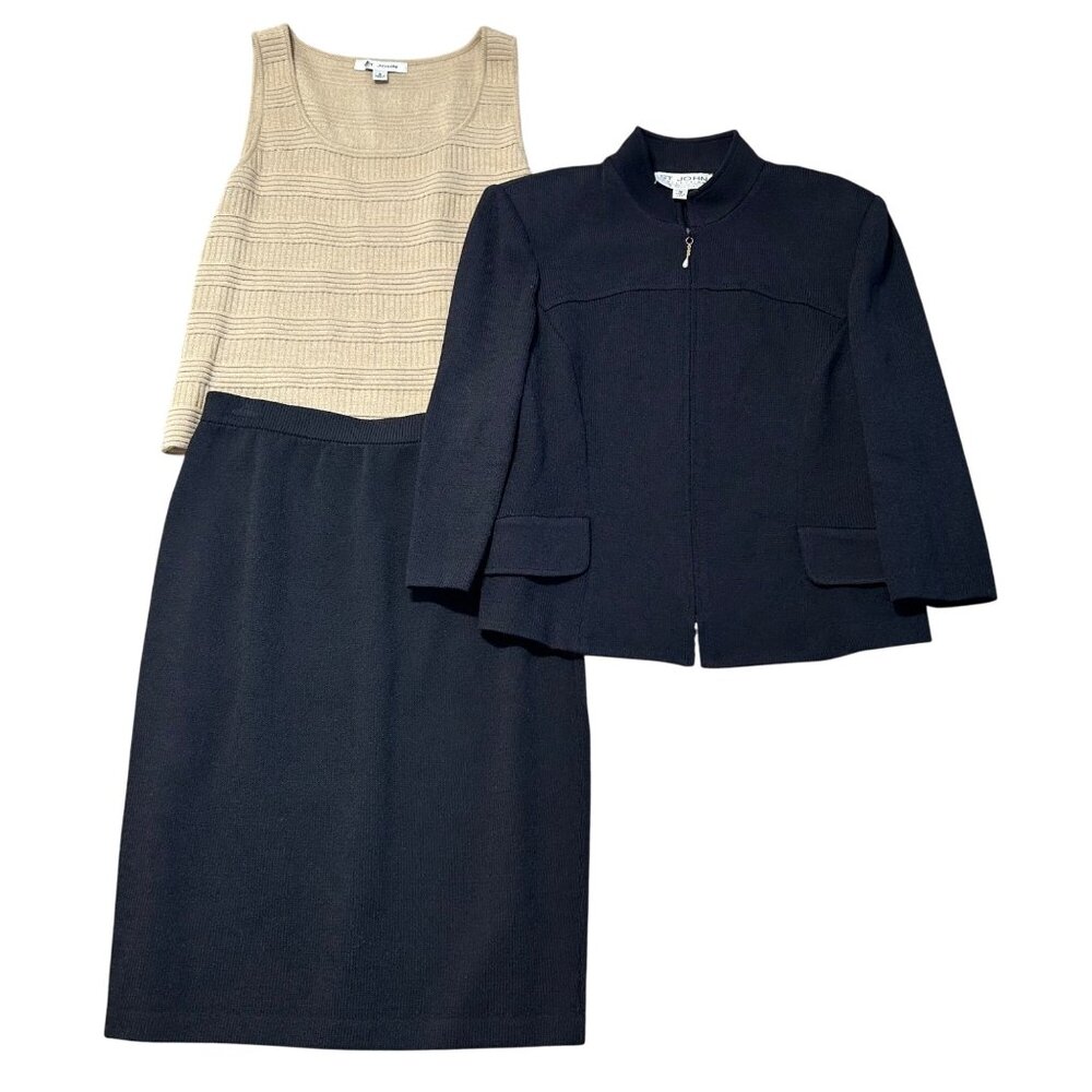 St. John Collection Set Black Zip Jacket Sleeveless Knit Top & Black Skirt